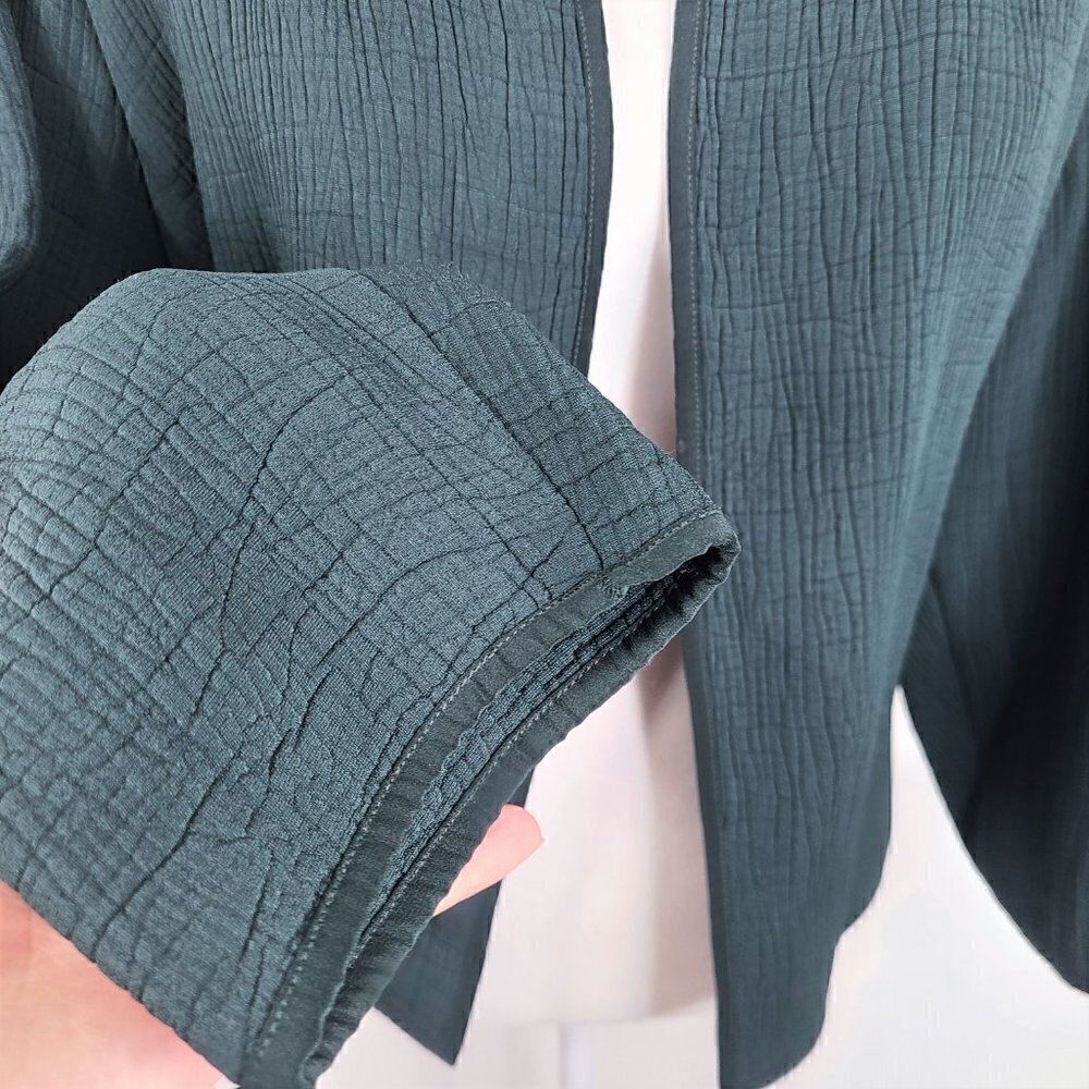 Eileen Fisher Textured Silk Rayon Forest Green Open Front Cardigan - Picture 3 of 6